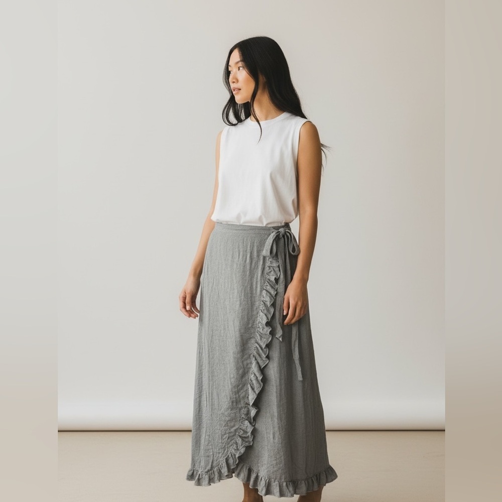 Handloom Gray 100% Cotton Ruffle‎ Wrap Maxi Skirt  - One Size